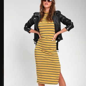 Lulus Striped Mustard Mock Neck Midi Dress with Slit